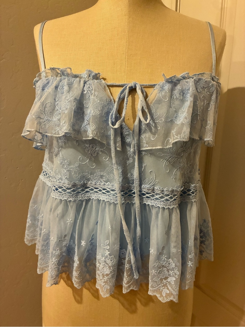 Wild Fable Embroidered Mesh Babydoll Cami Top Light Blue Size XS